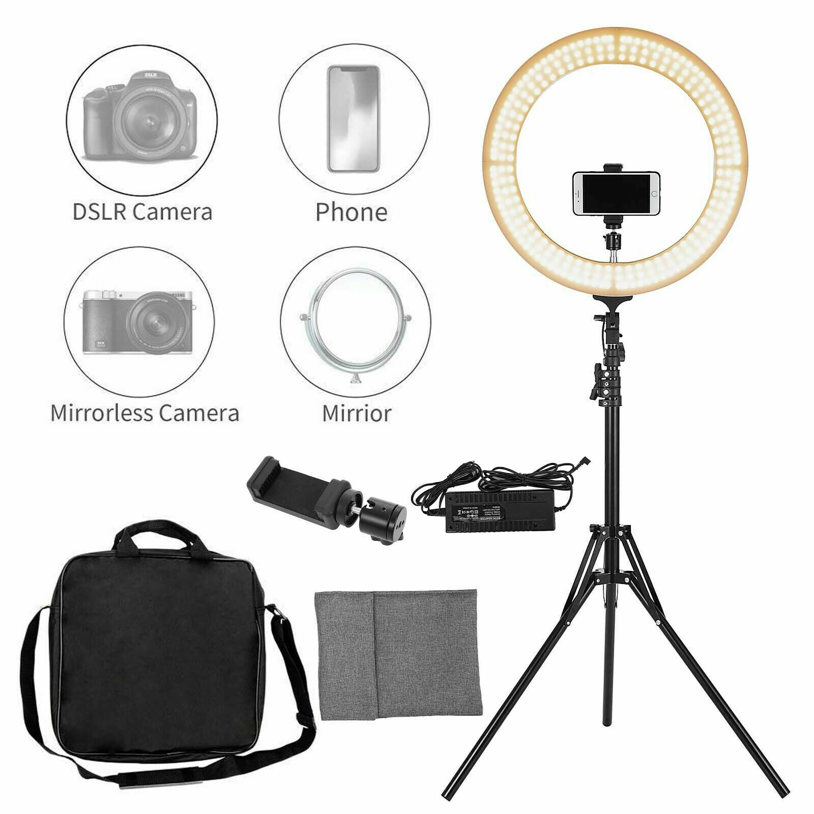Selfie Ring Light Kit with Stand Dimmable 6000K for Makeup Phone Camera 18" LED SMD