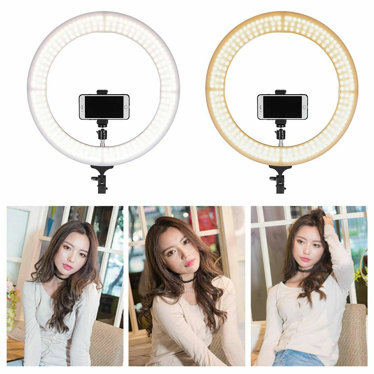 Selfie Ring Light Kit with Stand Dimmable 6000K for Makeup Phone Camera 18" LED SMD