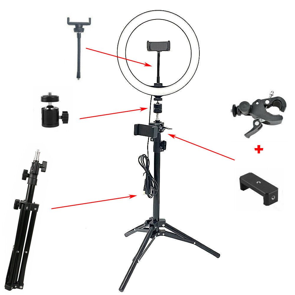 Selfie LED Light 10" Ring Fill Light w/Stand & Mount Kit for Camera Phone