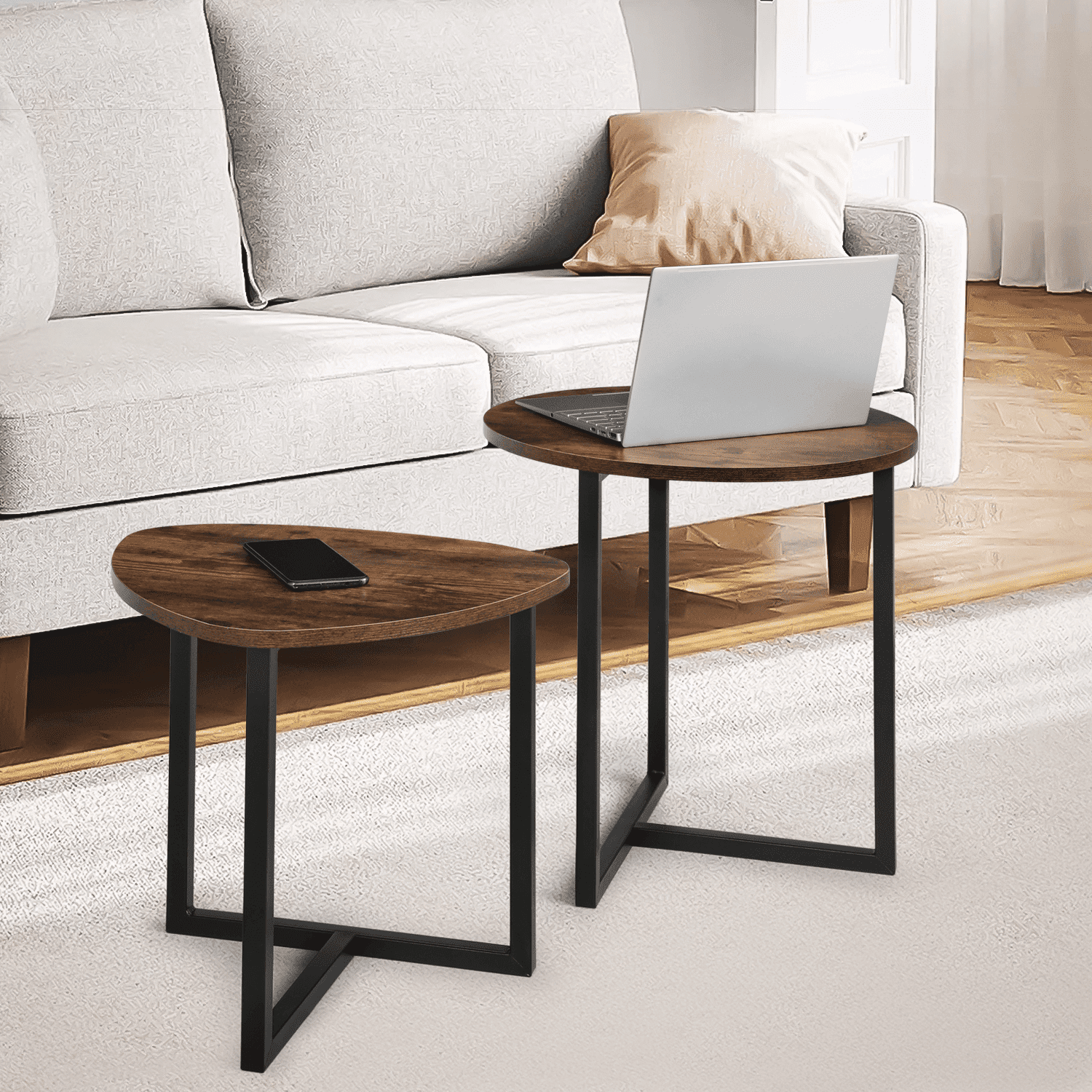 Set of 2 Nesting Coffee Side Table Home Tea Desk Round Triangle Wooden Tabletop