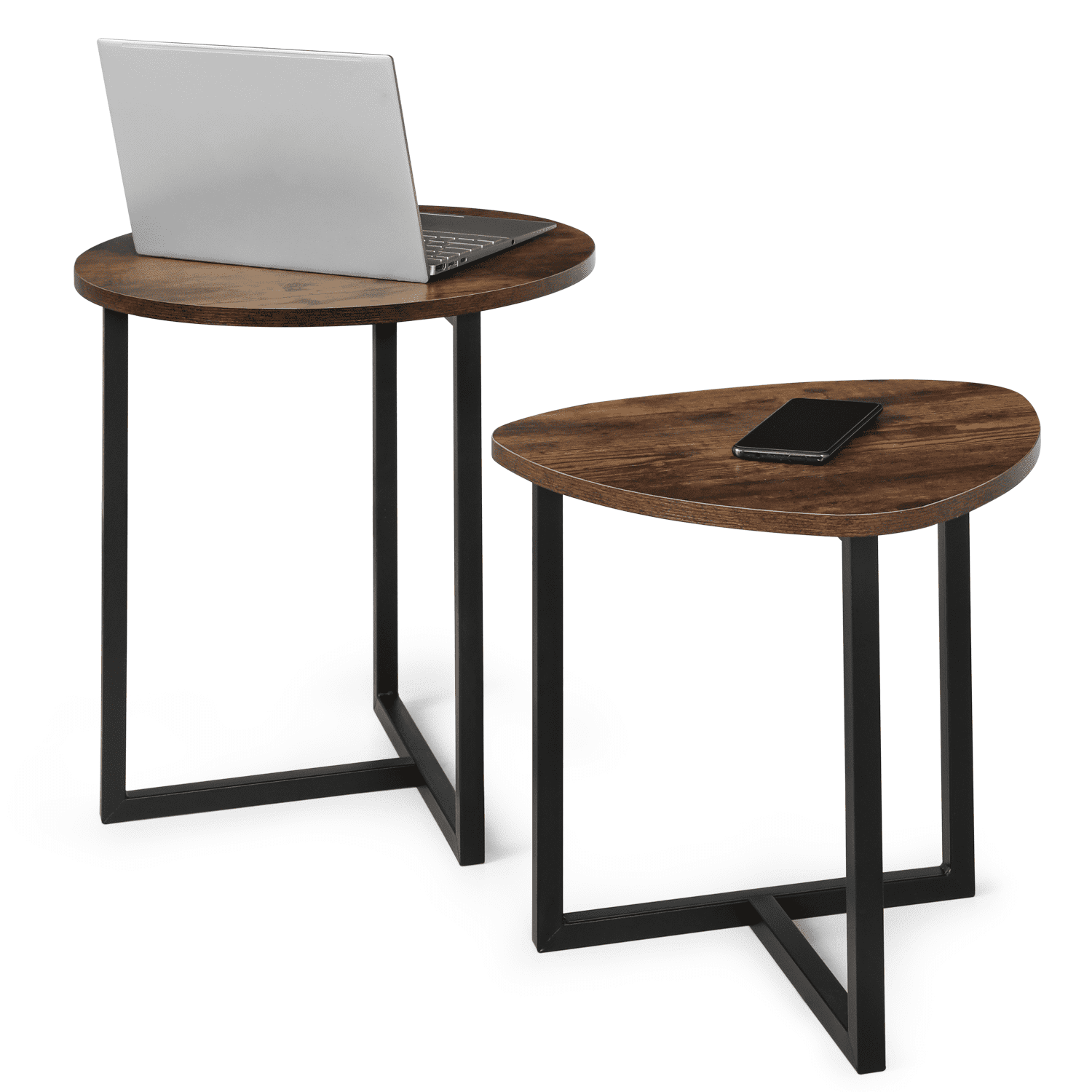 Set of 2 Nesting Coffee Side Table Home Tea Desk Round Triangle Wooden Tabletop