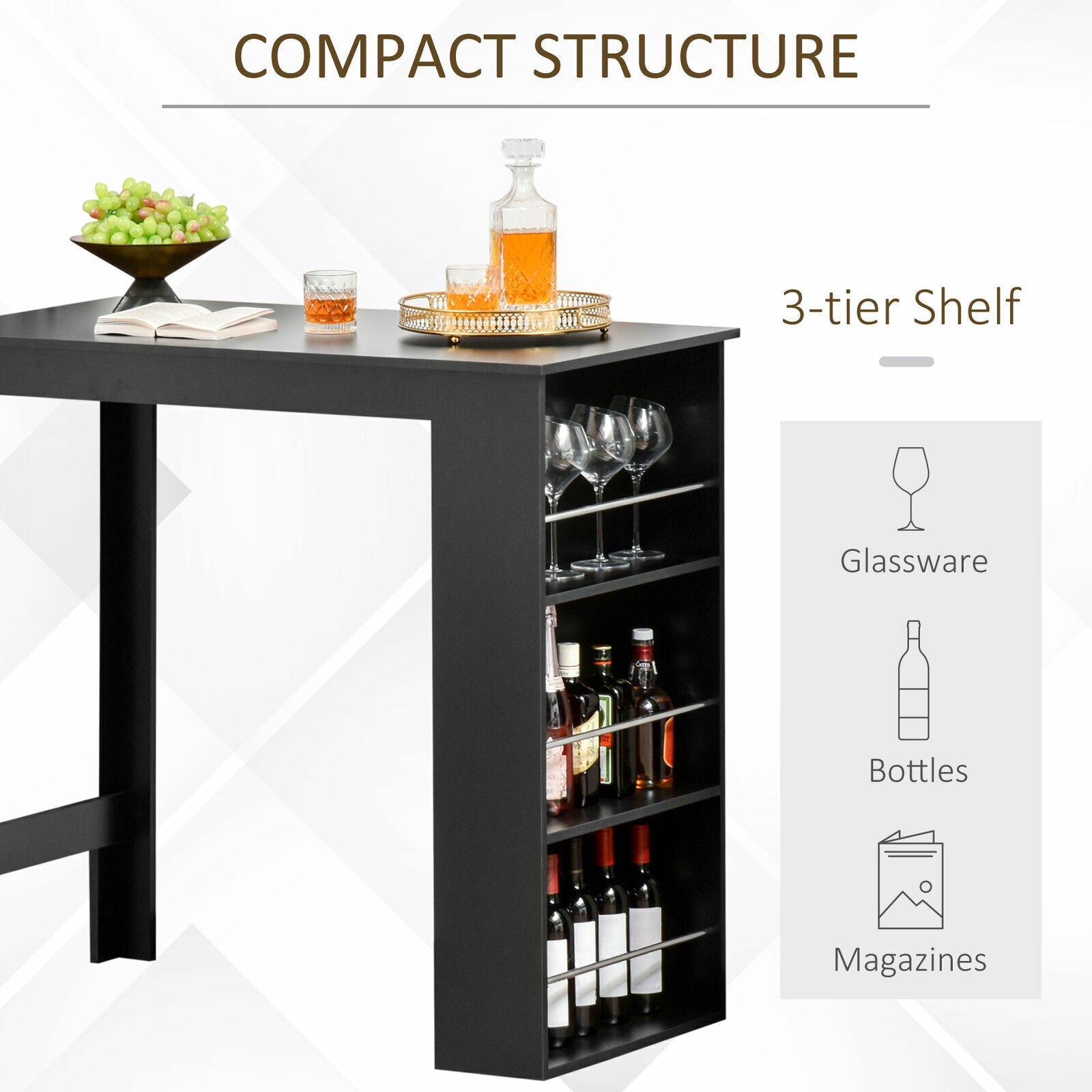 Wooden Counter Height Bar Table with 3 Storage Shelves for Kitchen Dining Room