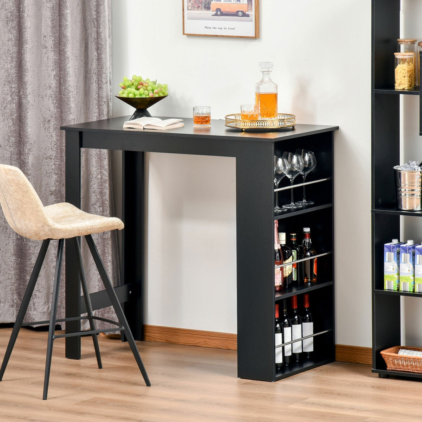 Wooden Counter Height Bar Table with 3 Storage Shelves for Kitchen Dining Room