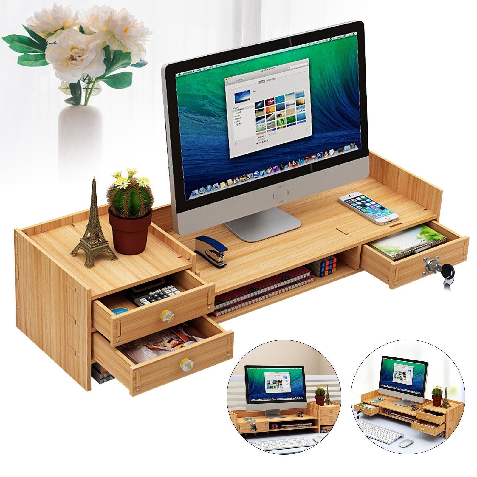 Wooden Desk Organizer w/ Lock File Office Supplies Desktop Tabletop Rack Holder