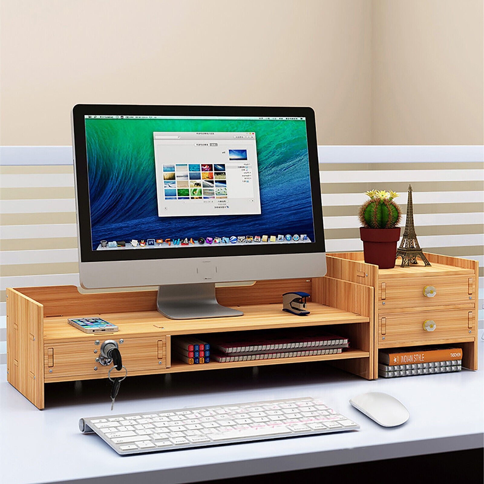 Wooden Desk Organizer w/ Lock File Office Supplies Desktop Tabletop Rack Holder