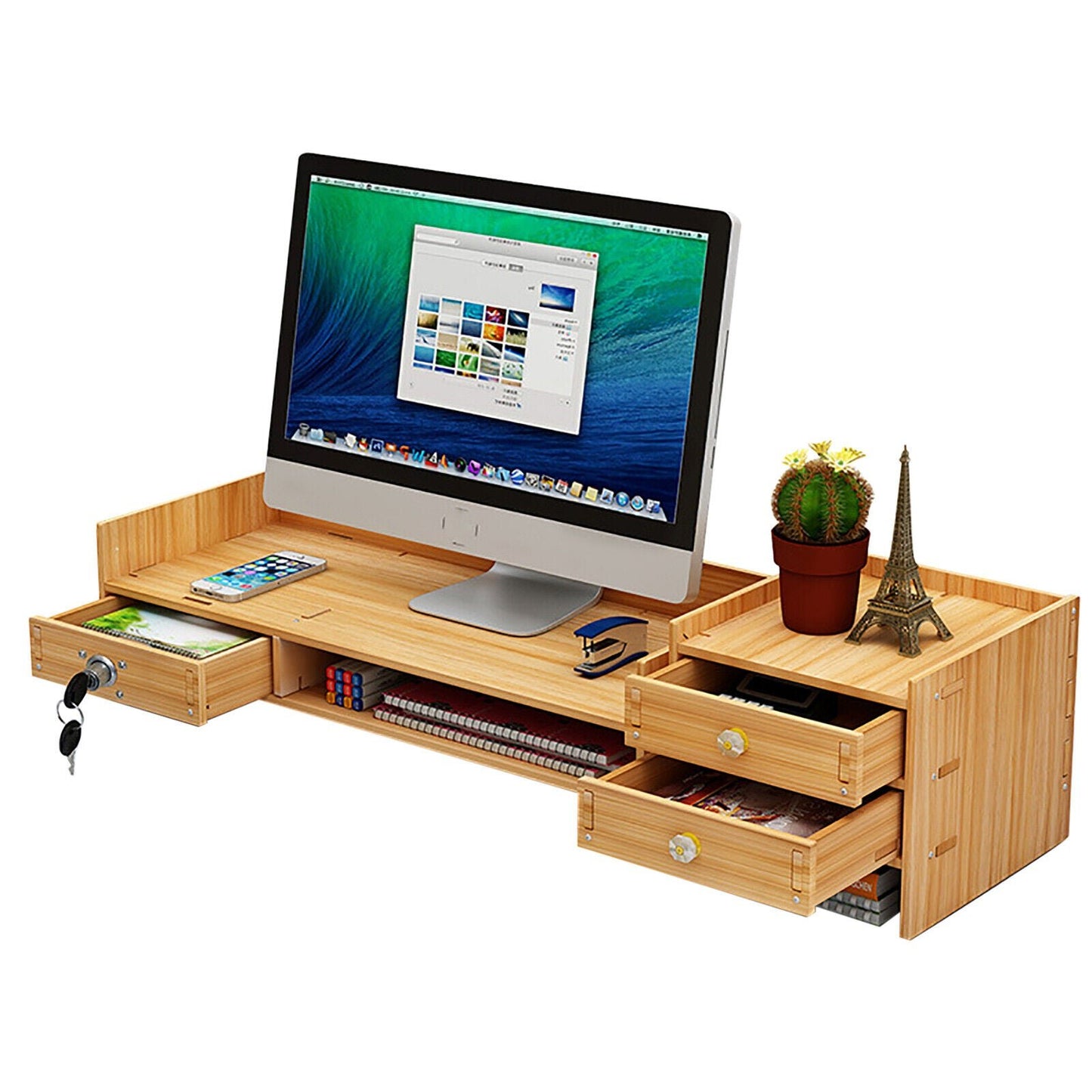 Wooden Desk Organizer w/ Lock File Office Supplies Desktop Tabletop Rack Holder