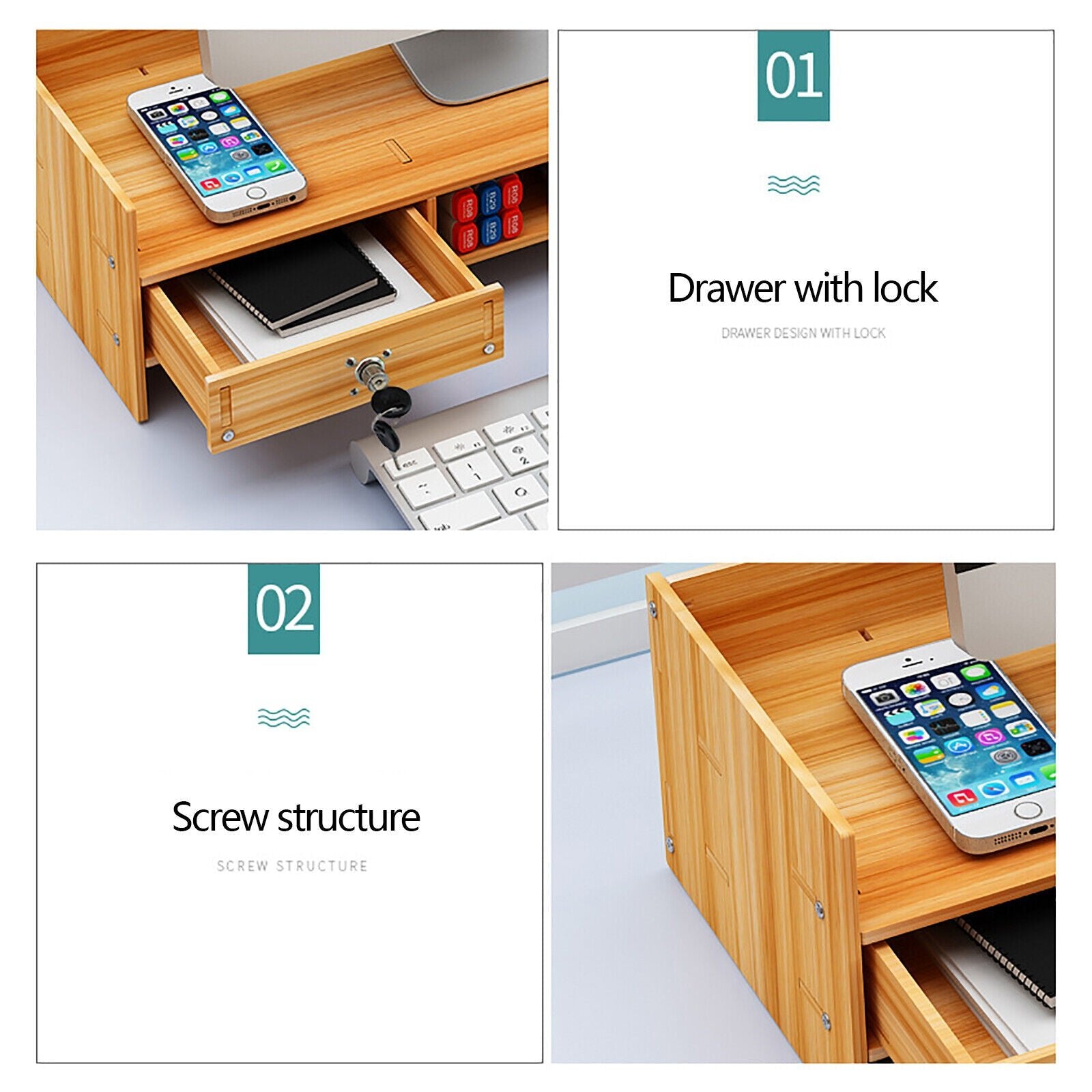 Wooden Desk Organizer w/ Lock File Office Supplies Desktop Tabletop Rack Holder