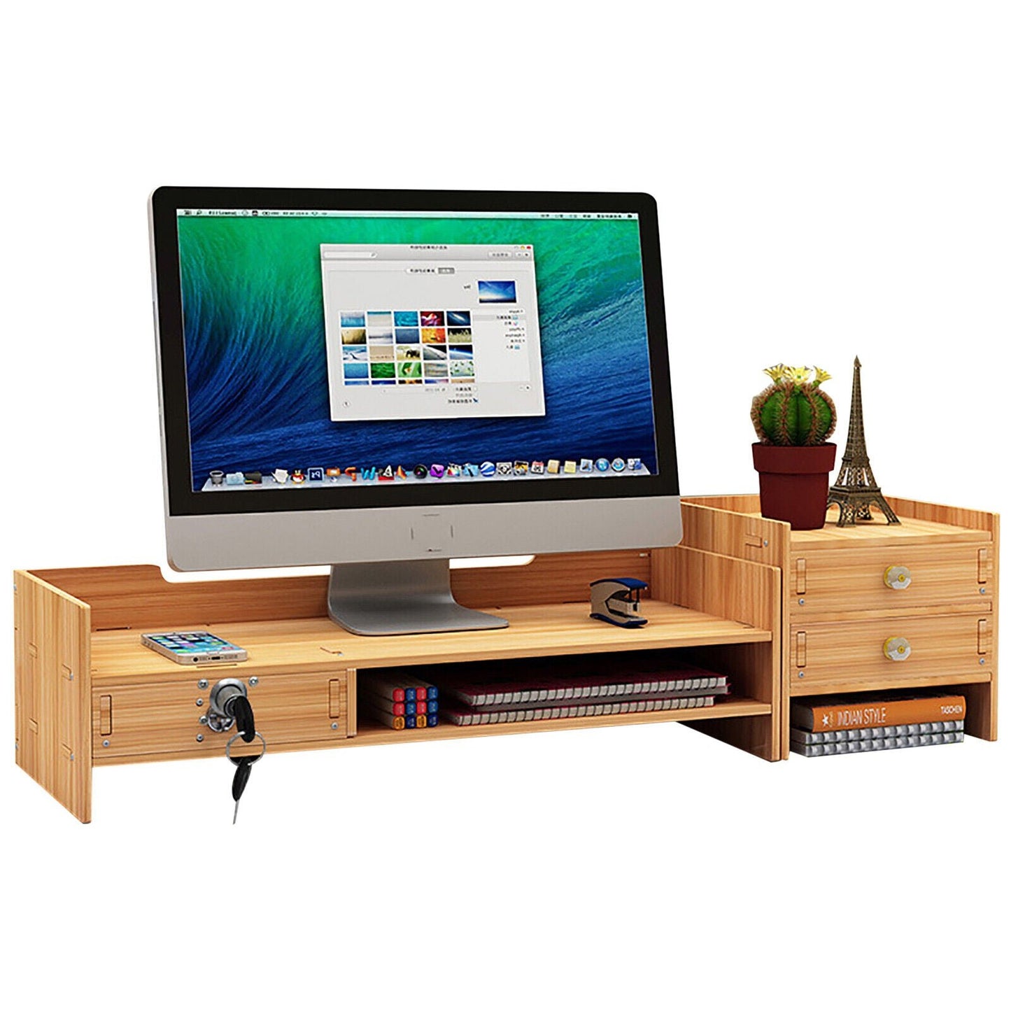 Wooden Desk Organizer w/ Lock File Office Supplies Desktop Tabletop Rack Holder