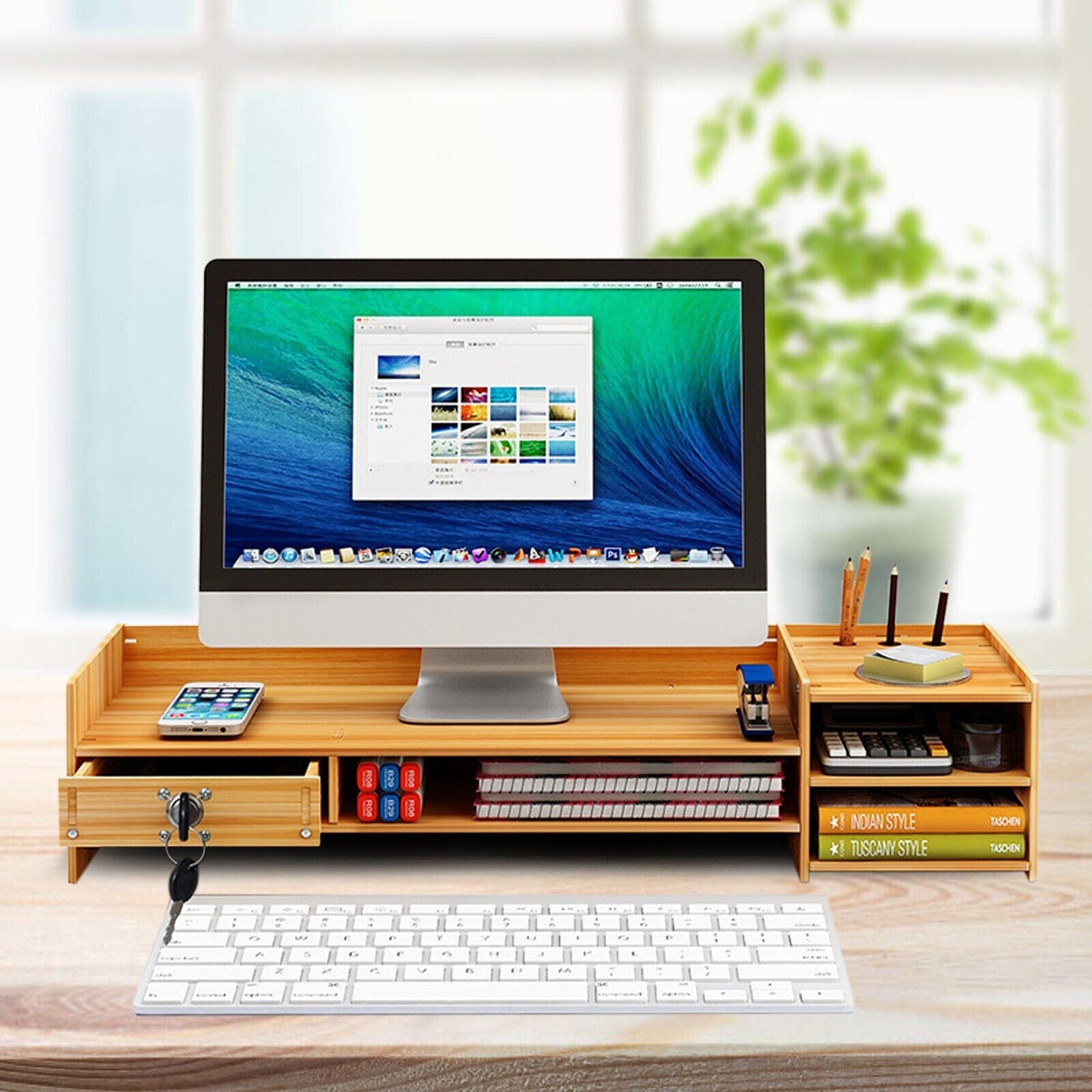 Wooden Office Desk Organizer with Drawers & lock Desktop Storage Monitor Holder