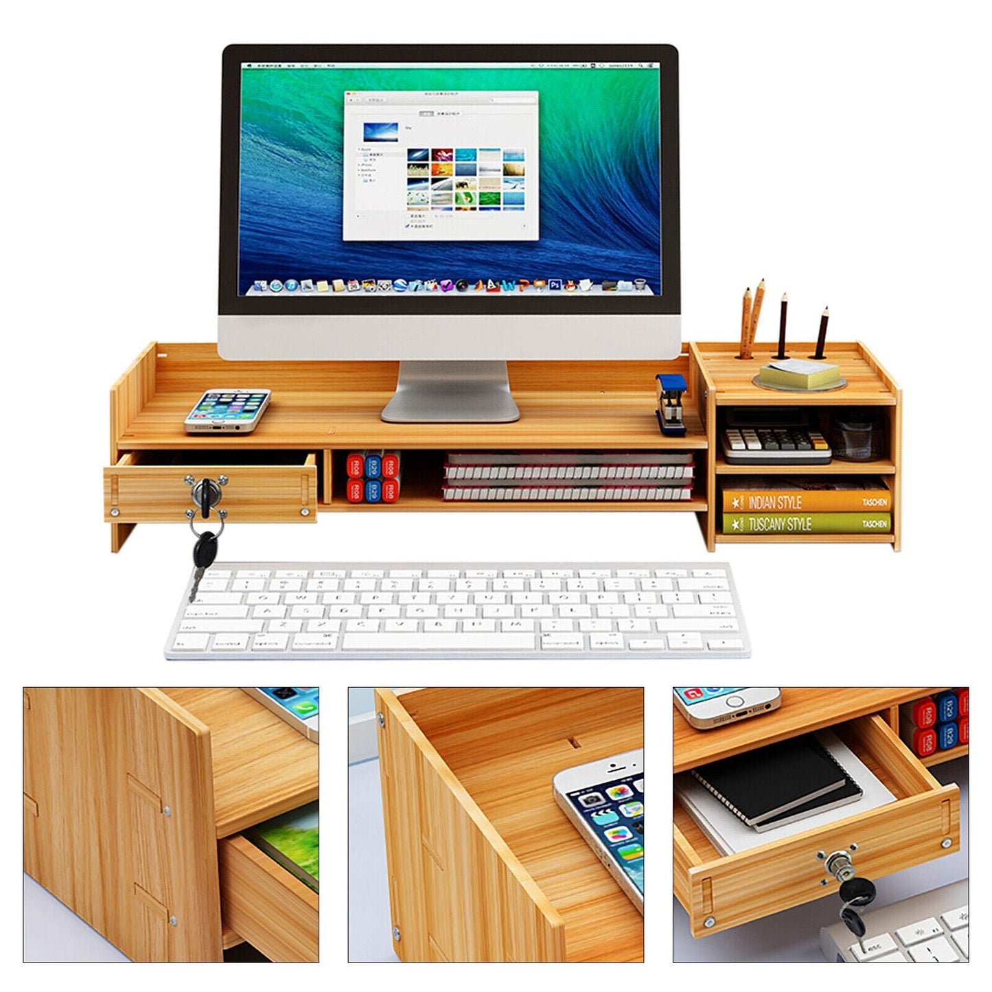 Wooden Office Desk Organizer with Drawers & lock Desktop Storage Monitor Holder