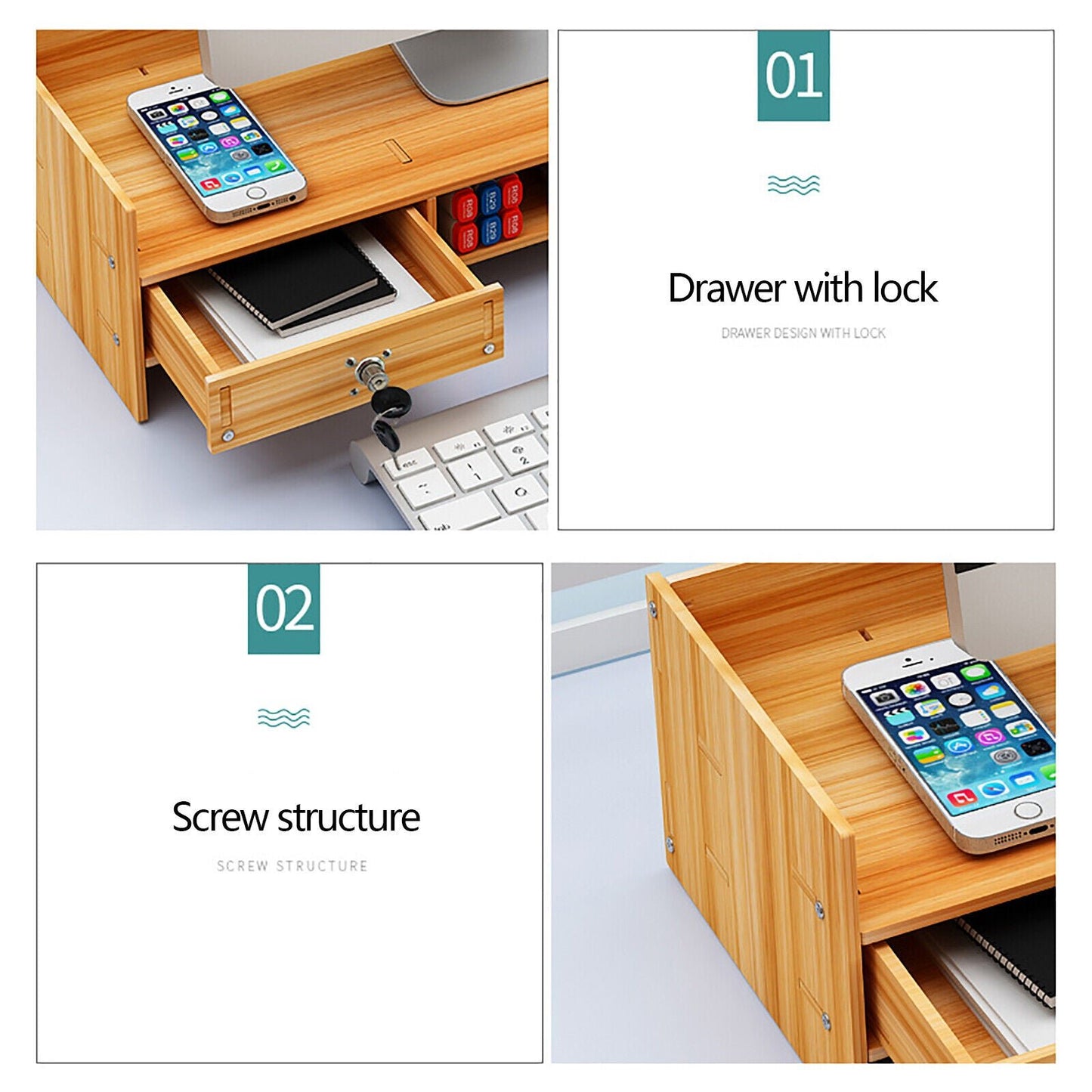 Wooden Office Desk Organizer with Drawers & lock Desktop Storage Monitor Holder