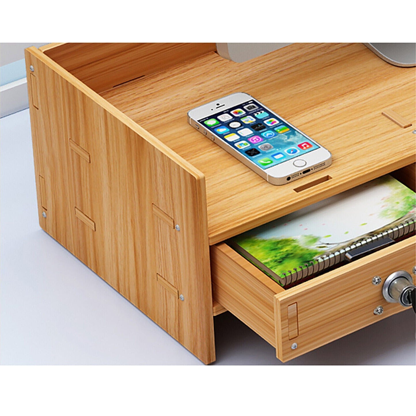 Wooden Office Desk Organizer with Drawers & lock Desktop Storage Monitor Holder