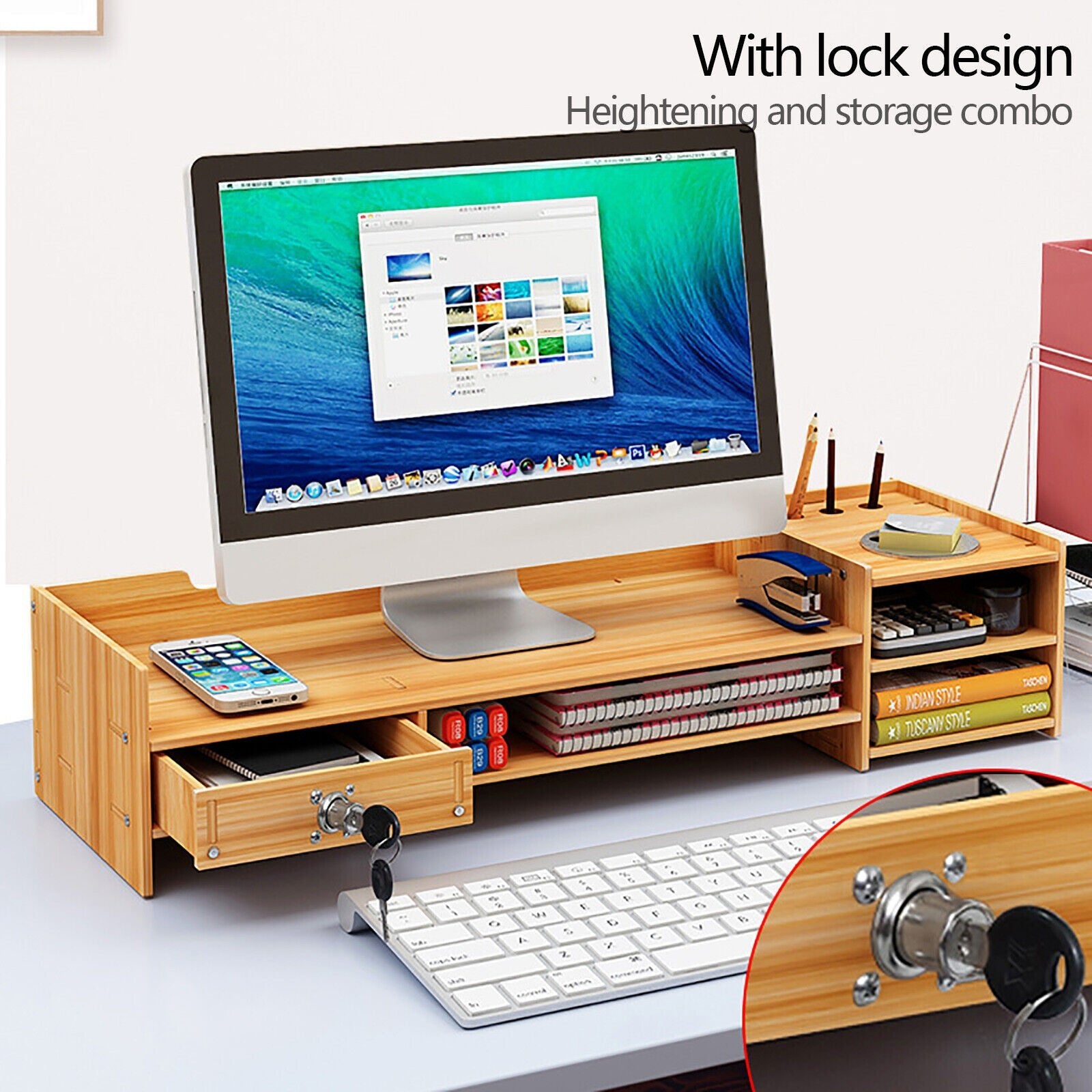 Wooden Office Desk Organizer with Drawers & lock Desktop Storage Monitor Holder