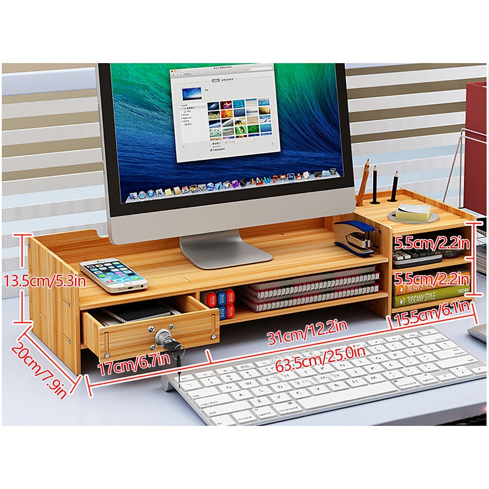 Wooden Office Desk Organizer with Drawers & lock Desktop Storage Monitor Holder