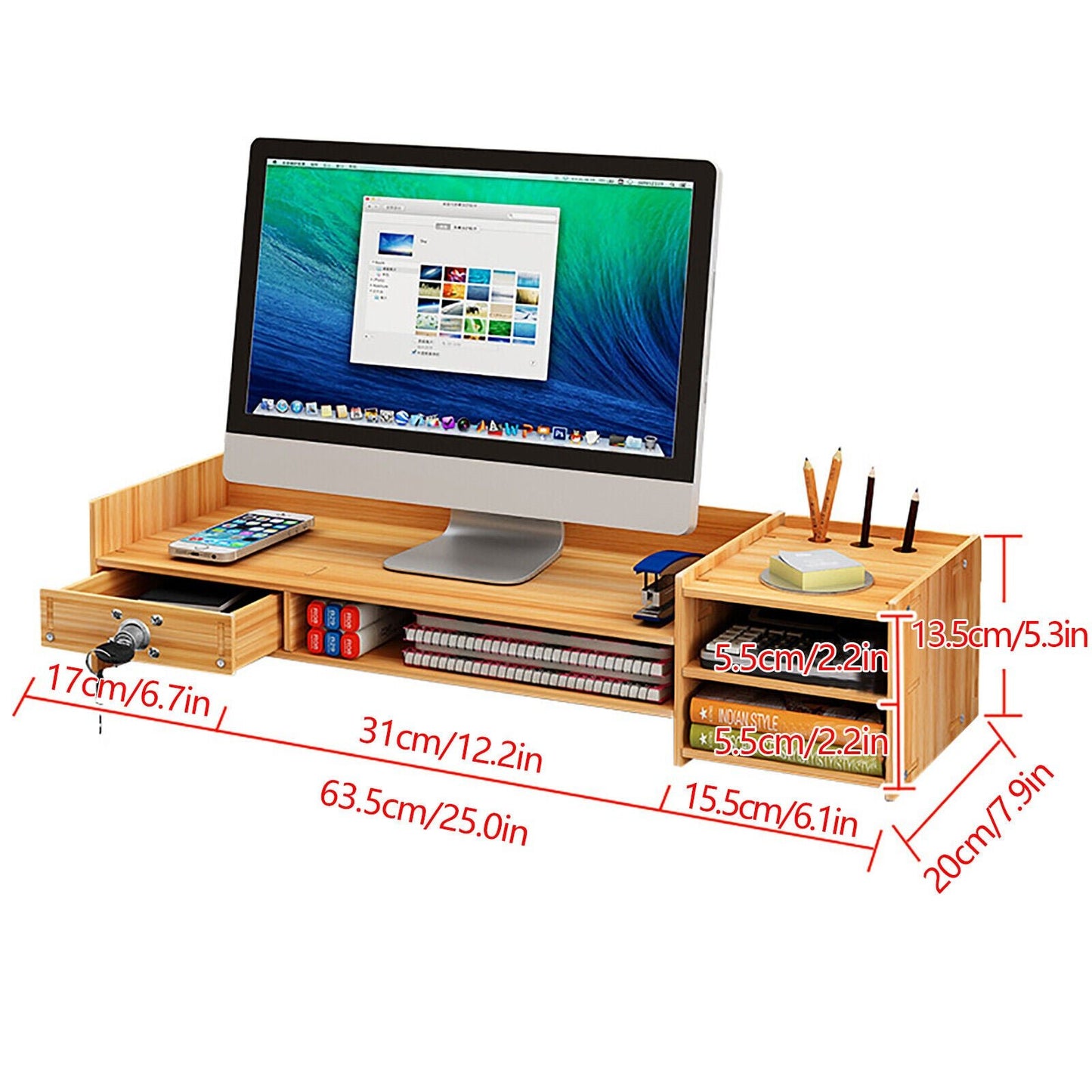 Wooden Office Desk Organizer with Drawers & lock Desktop Storage Monitor Holder