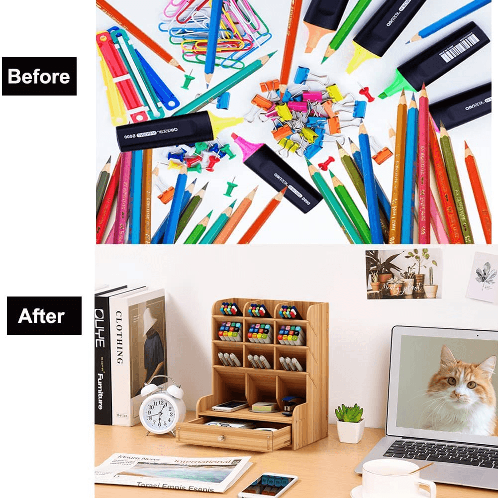 Wooden Pen Organizer, Multi-Functional DIY Pen Holder Box, Desktop Stationary