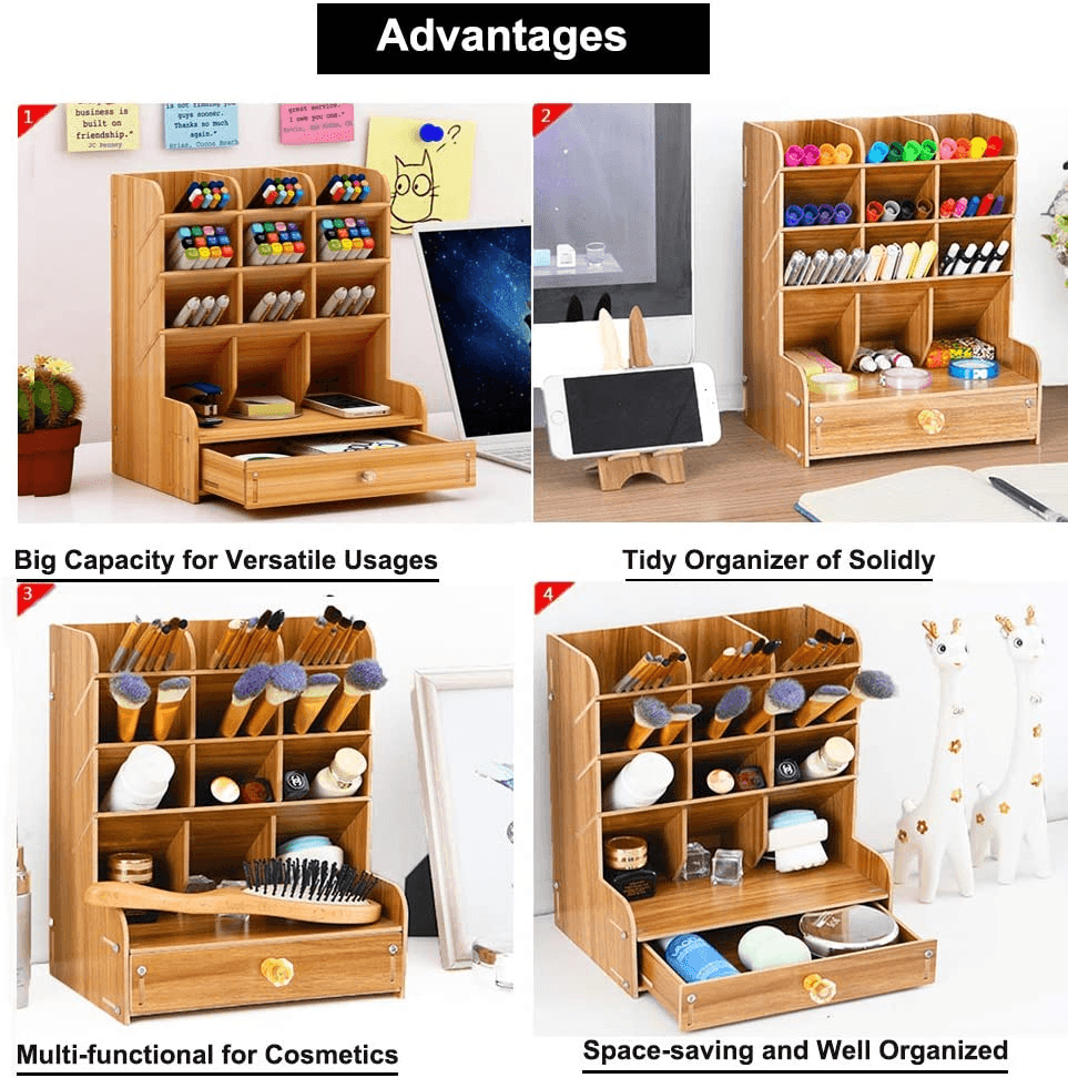 Wooden Pen Organizer, Multi-Functional DIY Pen Holder Box, Desktop Stationary