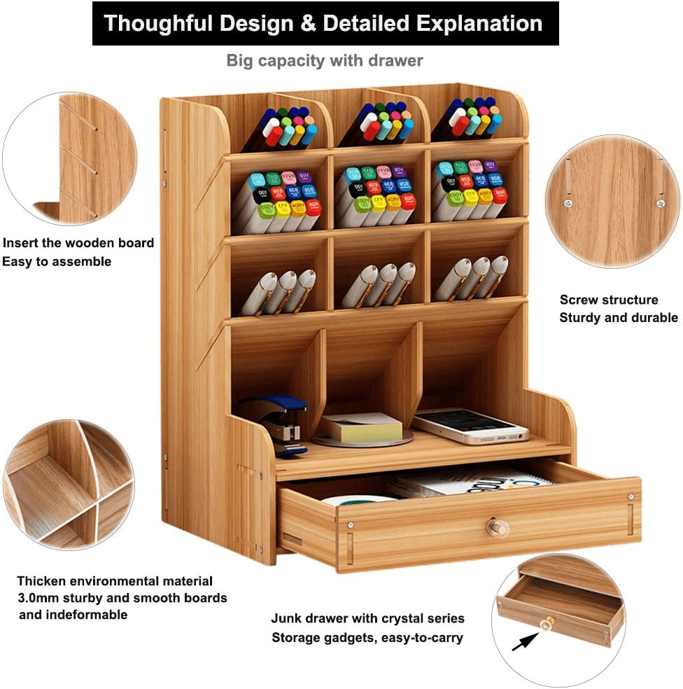 Wooden Pen Organizer, Multi-Functional DIY Pen Holder Box, Desktop Stationary